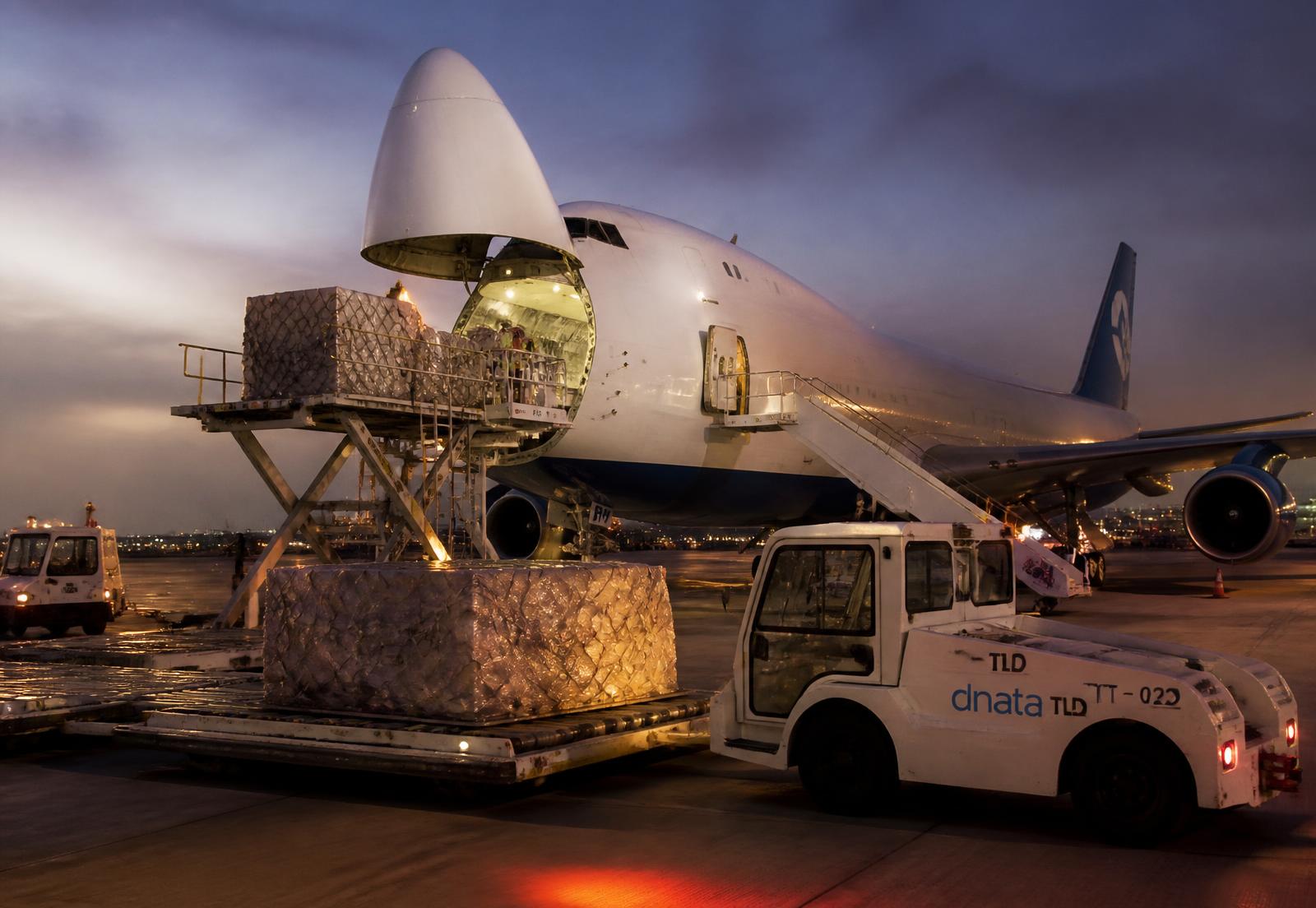 Air cargo pallets being loaded into a freighter at dusk