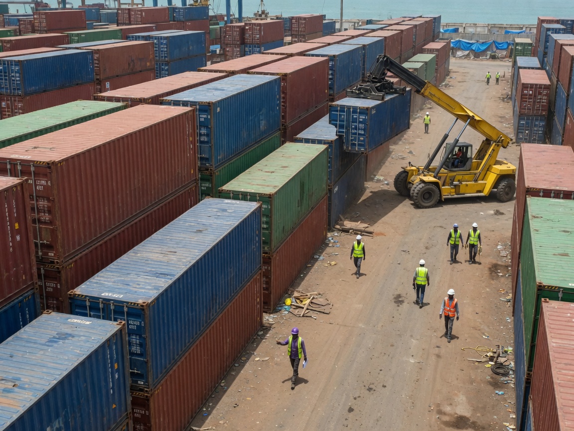 Container stacks and a reach stacker in a Lagos terminal yard