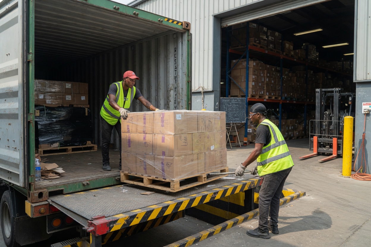 Warehouse team offloading a pallet from a container at the dock