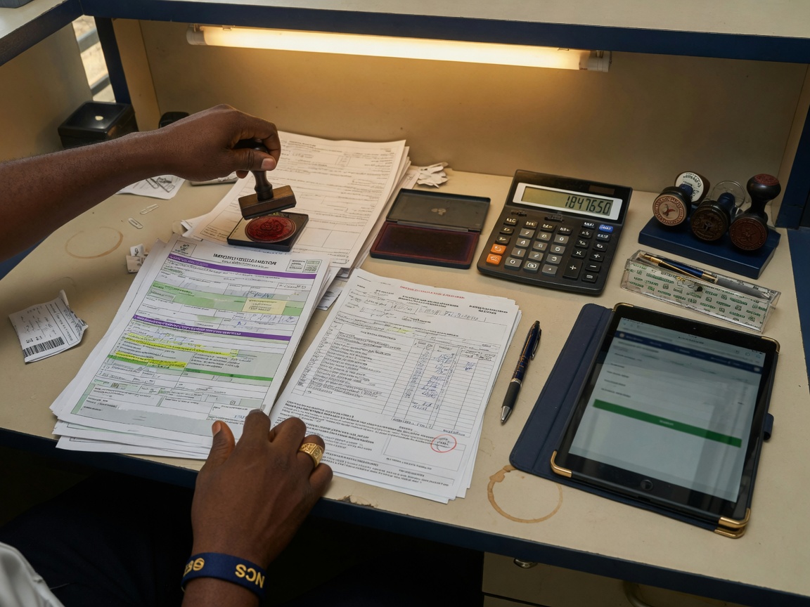 Official stamps being applied to import clearance documents