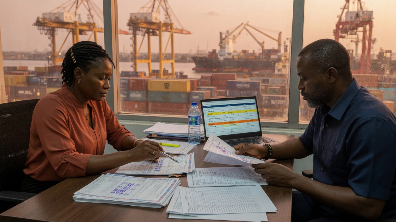 Freight coordinators reviewing bills of lading with the port visible behind them