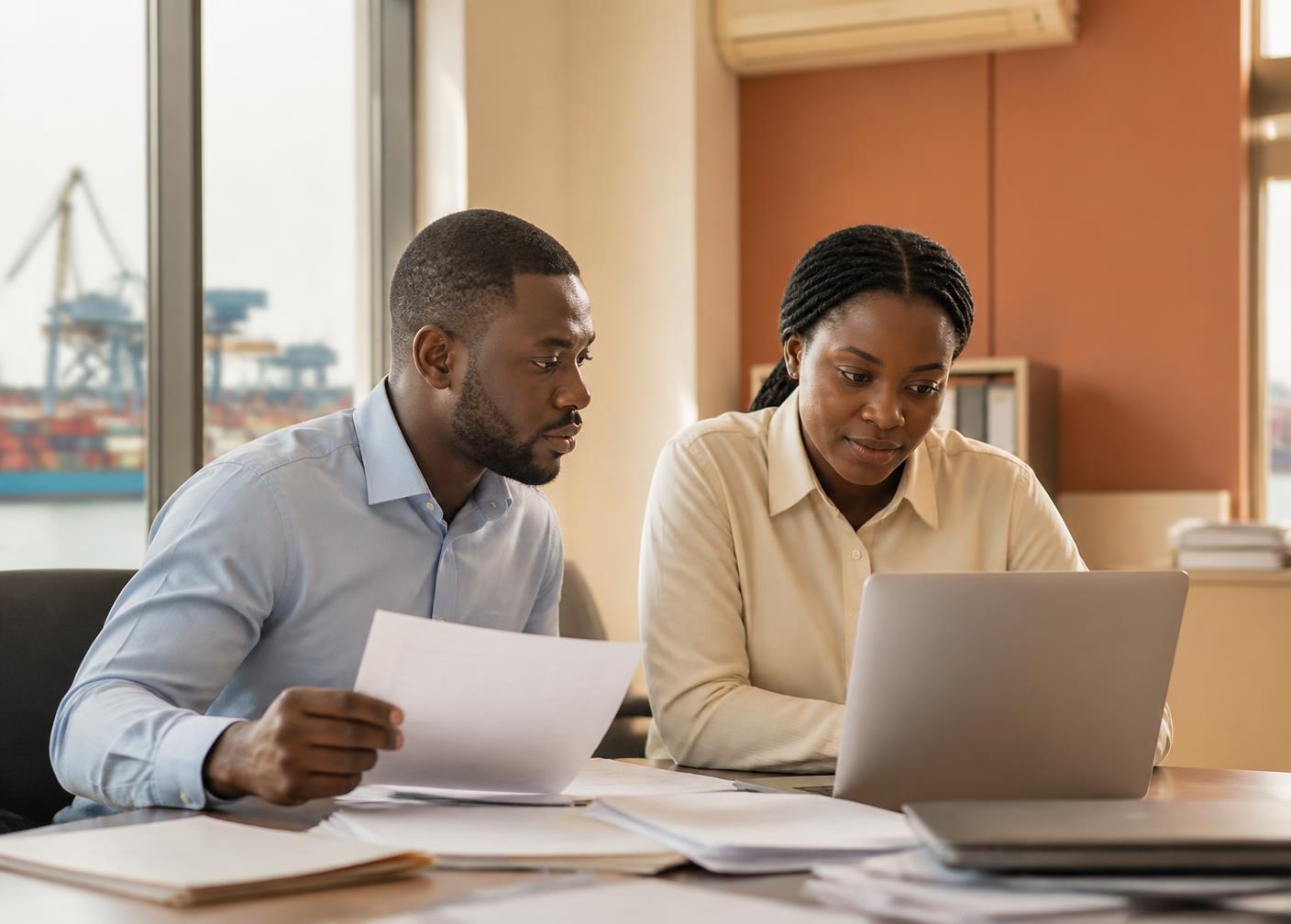 Supply chain managers reviewing a shipment file in the Lagos office