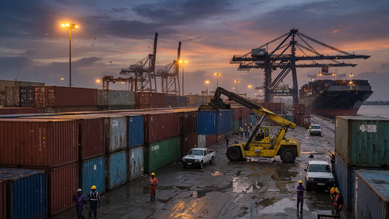 Dusk operations at a West African container terminal