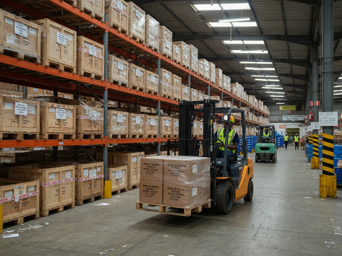 Forklift moving marked cartons down a warehouse aisle